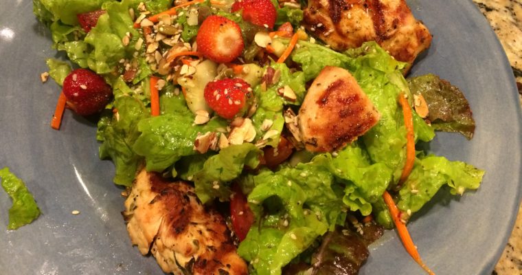 Garden Salad w/chicken, strawberries, and Poppy Seed dressing