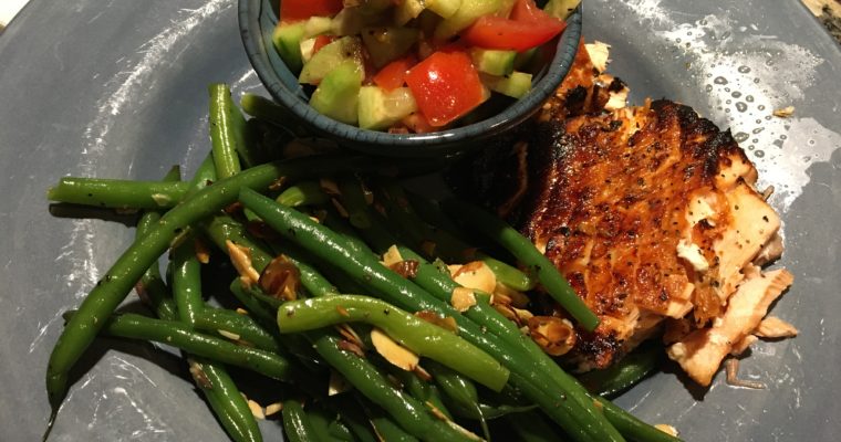 Broiled Salmon / Haricot Verts with Toasted Almonds / Tomato Cucumber Salad